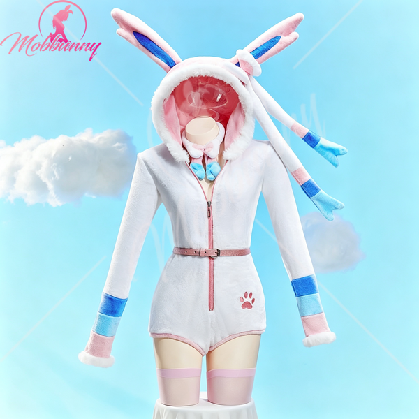 Mobbunny PM dérivé Sexy moelleux à capuche body profond V Kawaii une pièce barboteuse avec tour de cou et chaussettes Costume de Cosplay