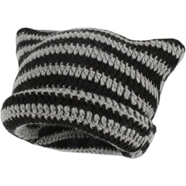 Bonnet oreilles de chat mignon pour femmes, rayé, coréen, Punk, gothique, Y2K, laine tricotée, Streetwear, bonnet seau au Crochet fait à la main, hiver