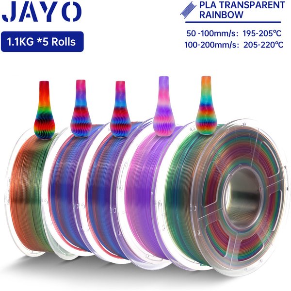 JAYO PLA-Regenbogen-Filament, 1,75 mm, 5 Rollen, PLA, transparent/Seide, PLA-Regenbogen-3D-Filament für FDM, ordentlich gewickeltes 3D-Druckmaterial