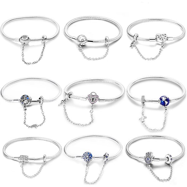 17-20CM 925 Silver Pink Heart Lock Aircraft Earth Bracelet With Safety Chain Fit DIY Charms Beads Fine Birthday Jewelry