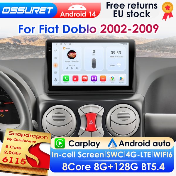 Qualcomm autoradio Android Auto CarPlay 8 cœurs pour Fiat Doblo 2002-2009 lecteur GPS multimédia de voiture 360 ° Caméra Panoramique 4G BT DSP