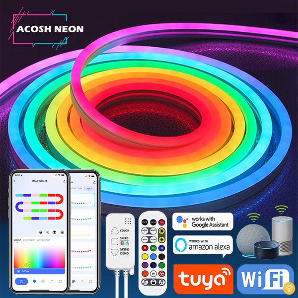 Bande lumineuse LED néon TUYA 12-24V 84LED s/M, corde lumineuse en Silicone avec synchronisation de la musique, bande de chasse RGBIC Dreamcolor pour chambre