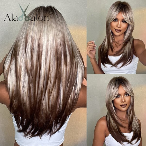 ALAN EATON – perruques synthétiques superposées blondes pour femmes, perruques longues et lisses à reflets bruns avec frange, cheveux Balayage résistants à la chaleur