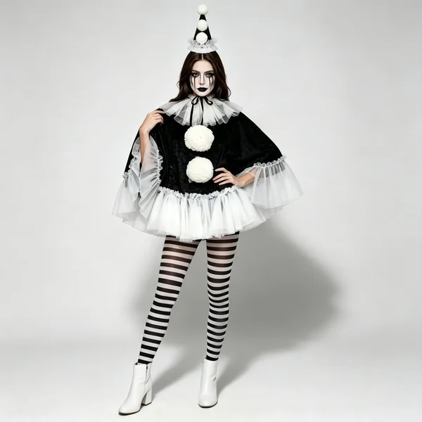 Ensemble de cosplay de clown Pierrot pour femmes, costume d'Halloween, 3 pièces, cape, déguisement de carnaval, robe de fête
