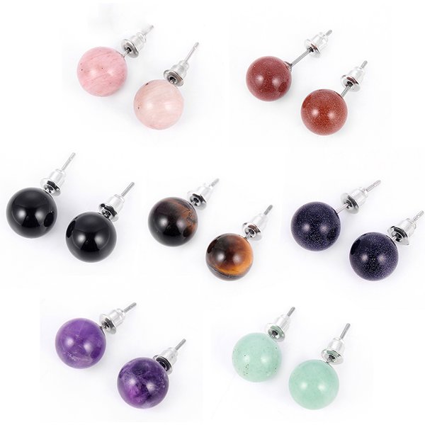 Boucles d'Oreilles en Pierre Naturelle, Violet Rose, Œil de Tigre, Boule Ronde, Hypoallergénique, pour Femme et Fille, 1 Paire