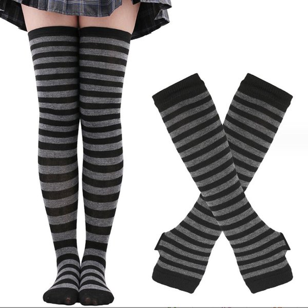 1 ensemble femmes filles sur genou longue rayure cuisse haute coton gothique Lolita chaussettes bras manches gants doux mignon noir sur les genoux chaussettes
