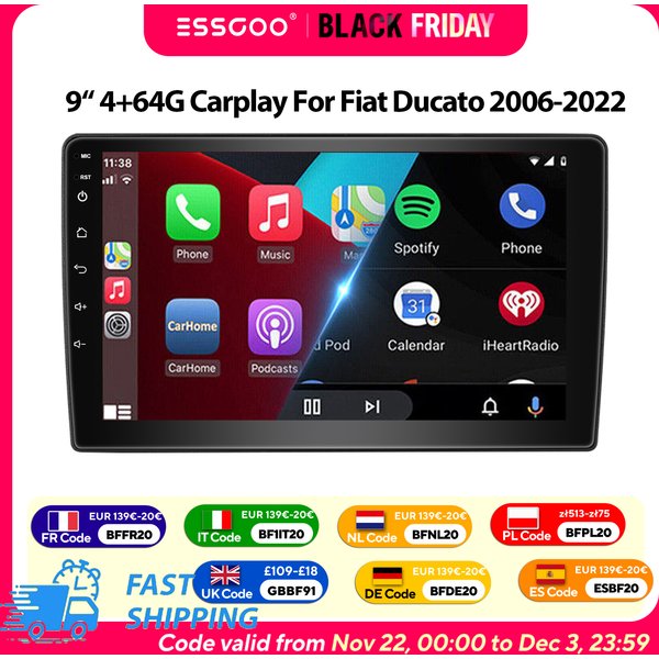 ESSGOO 9" Android 15 4 + 64G Autoradio Stereo Radio Für Fiat Ducato 2006-2022/Peugeot Boxer/Citroen Jumper Carplay Android Auto GPS Navi SWC WiFi FM RDS Bluetooth