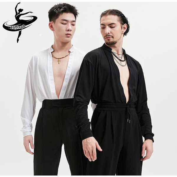 Professionelle Latin-Tanz-Tops für Männer, tiefes V-Ausschnitt-Shirt mit langen Ärmeln, Standard-Wettkampfkleidung für lateinamerikanische Tänze für Erwachsene