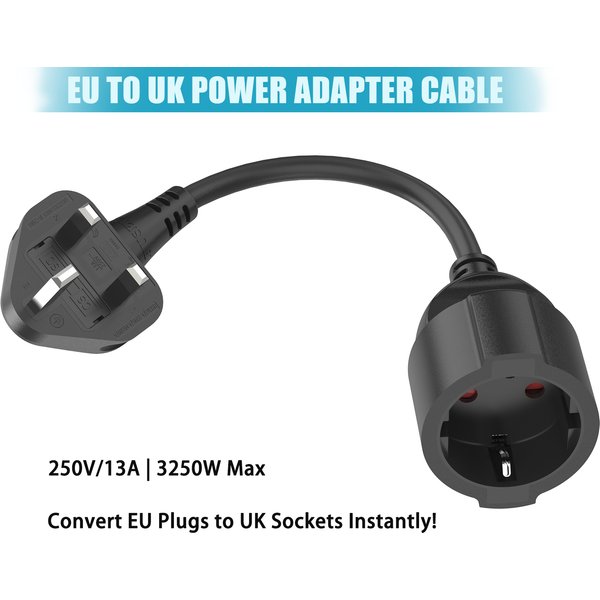 EU Plugs to UK Socket Converter 250V/13A European to UK Power Extension Cord, 0.83ft ecable for Travel