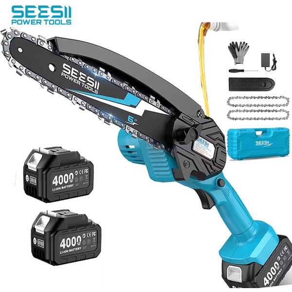SEESII Scie à chaîne électrique sans fil de 6 pouces, scie à élaguer électrique portative avec 2 batteries, scie électrique rechargeable de 15,2 cm, outils électriques pour le travail du bois et