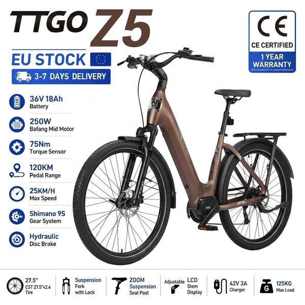 Z5 Elektrofahrrad mit Mittelmotor 250W Bafang Motor Drehmomentsensor E-Bike 36V 18Ah Akku 130KM Reichweite 27,5" All-Terrain E-Bike Dreifache Stoßdämpfung Hydraulische Scheibenbremse Elektrofahrrad