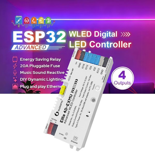 Contrôleur LED ESP32 WLED avec 4 sorties, microphone Ethernet, UART, relais à économie d'énergie, fusible enfichable 20A pour bande LED RGBIC
