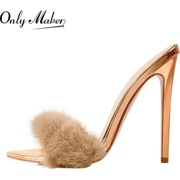 Onlymaker femmes Peep Toe Mules fourrure artificielle sans lacet or blanc mince sandales hautes grande taille haute qualité été marque talons
