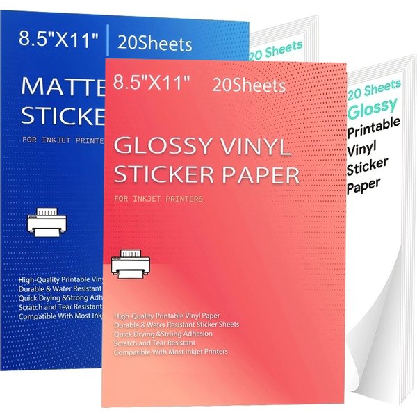 Printable Vinyl Sticker Paper for Inkjet laser Printer Glossy White Matte 20 Self-Adhesive Sheets Waterproof Decal Paper 8.5x11'