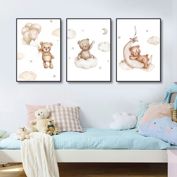 3PCS Rahmenlose Cartoon Ballon Wolke Bär Poster Kindergarten Bilder Wand Kunst Leinwand Gemälde Für Baby kinder Junge Mädchen schlafzimmer