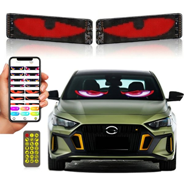 2 Stück Leuchtende Augen für Auto-LED-Panel, LKW-Windschutzscheibe, Programmierbare Teufelsaugen, Kabellose LED-Anzeigetafel