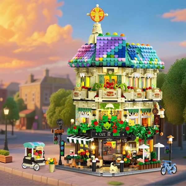 INSOON Blumen-Café-Haus Baustein-Set, Stadtstraßen-Laden Konstruktions-Kunst-Architektur-Modell, Heimdekoration, Geschenk für Erwachsene und Jugendliche