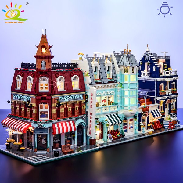 HUIQIBAO jouets MOC ville coin café Architecture Style rue vue Micro blocs de Construction pour enfants briques de Construction