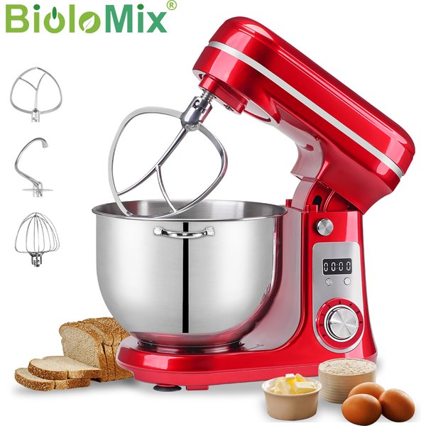 BioloMix 6-Gang Küchenmaschine 1200W DC Leiser Motor 6L Edelstahlschüssel mit Sahne- und Eierschneebesen Teigkneter