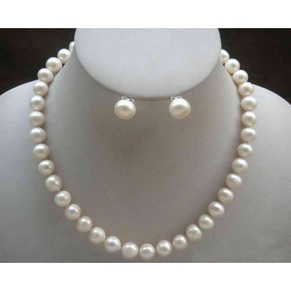 Enorme collier de perles blanches Akoya de 8-9 mm, 9-10 mm, 10-11 mm, 18 pouces + ensemble de boucles d'oreilles en or 14 carats