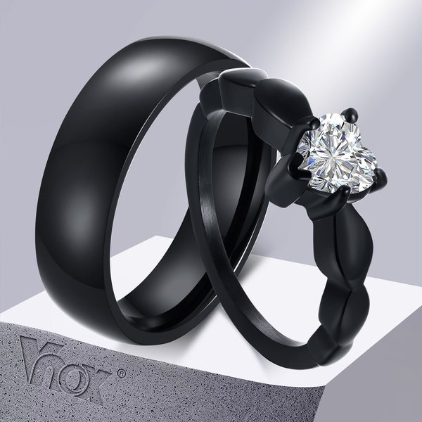 Vnox Romantische Herz CZ Stein Paar Hochzeit Ringe für Frauen Männer Schwarz Farbe Edelstahl Bands Engagement Schmuck Liebe Geschenk