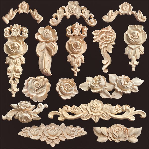 Wood Carving Onlays Rose Appliques Decals for Wood Furniture Antique Home Decor Wood Furniture Decoration Wood Flower Crafting