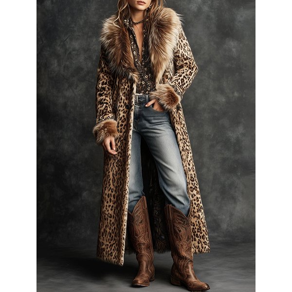 Daily Brown Turndown Collar Long Sleeve Contrast Vintage Faux Fur Coat