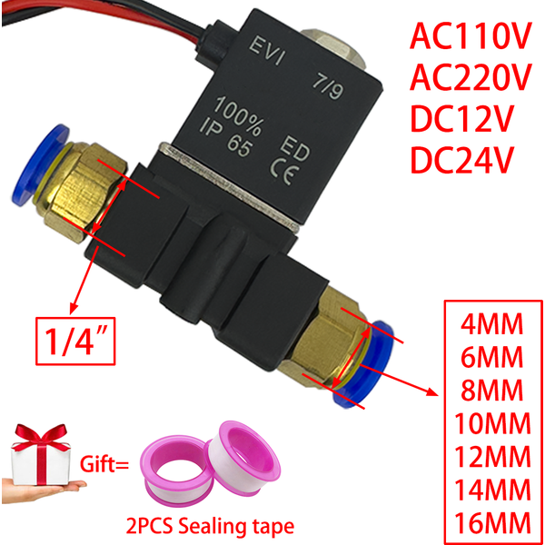 12 V, 24 V, 220 V, pneumatisches elektrisches Magnetventil, 2 Positionen, 2 Anschlüsse, normalerweise geschlossenes Luftmagnetventil, 6 mm 8 mm Schlauchtülle