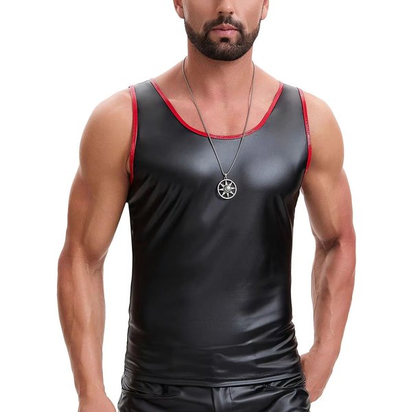 S-7XL Mattes Elastisches PU-Leder Tanktop für Herren, Fitness-Tanktop, Eng Anliegendes Ärmelloses Muskelshirt, Bodybuilding-Former-Weste