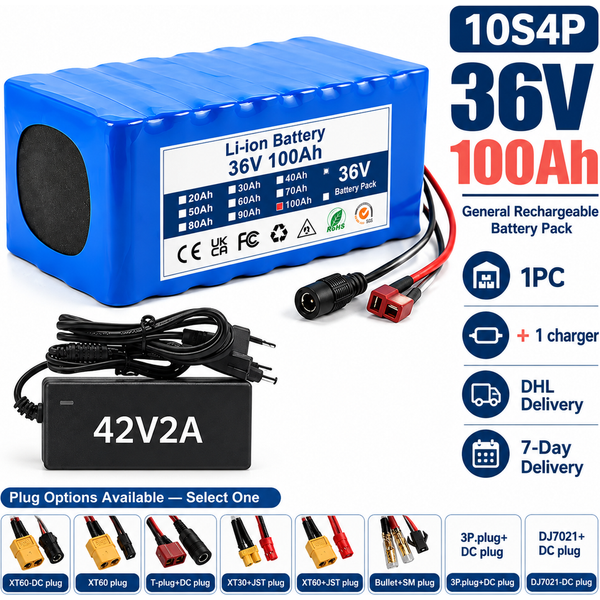 36V 100Ah 10S4P Li-Ionen-Akkupack mit wählbarem XT60-DC-Stecker, XT60-Stecker, T-Stecker+DC-Stecker, XT30+JST-Stecker, XT60+JST-Stecker, Bullet+SM-Stecker, 3P-Stecker+DC-Stecker und DJ7021-DC-Stecker