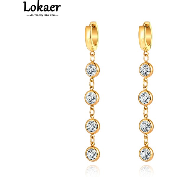 Lokaer Stainless Steel Sparkling Round Cubic Zirconia Tassel Earrings Trendy Bohemia Party Hoop Earrings For Women Girls E21167