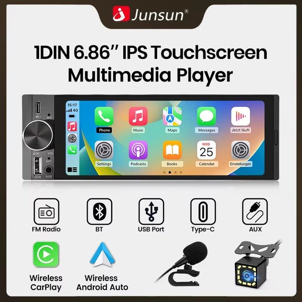 Junsun 1Din IPS 6,26 cala uniwersalny bezprzewodowy CarPlay Android Auto radio samochodowe multimedialny odtwarzacz wideo MP5 ekran dotykowy stereo