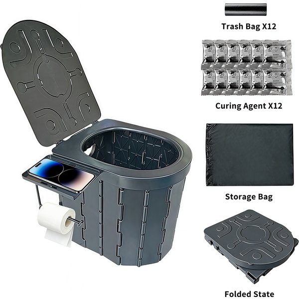 Toilette de camping portable et pliable avec couvercle, porte-papier toilette et support pour téléphone. Robuste et léger, idéal pour les voyages en voiture, la pêche, la randonnée, l'utilisation en