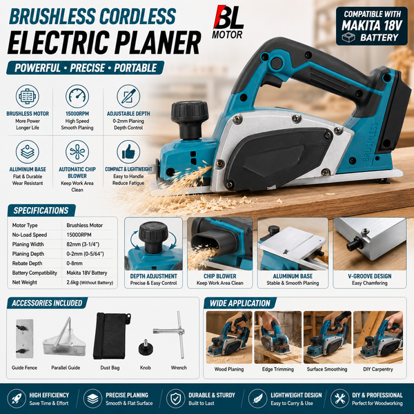 Bürstenloser, kabelloser Elektrohobel mit 15.000 U/min, handgeführter Holzhobel, einstellbare Hobeltiefe, Elektrowerkzeug für die Holzbearbeitung, automatischer Späneabbläser, Oberflächenhobel,