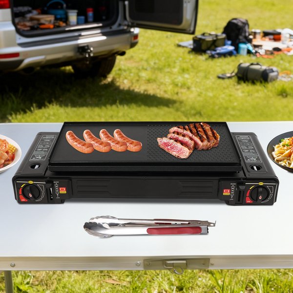 Réchaud de camping portable à 2 brûleurs, réchaud à gaz butane/GPL à allumage automatique de 2,5 kW avec plateau de cuisson + étui de transport pour barbecue de pique-nique en plein air RV