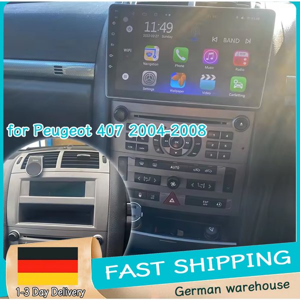 4GB+64GB 9-Zoll Autoradio für Peugeot 407 2004-2008 Android15 GPS-Navigation mit Carplay Android Auto WiFi FM/RDS Bluetooth Lenkradfernbedienung
