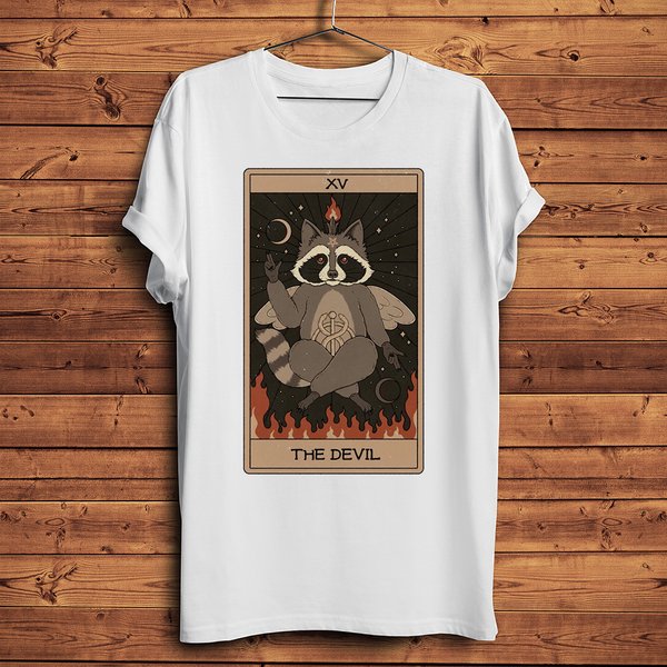 Sun Moon Devil Raccoon Tarot Funny T Shirt Men Homme White Casual Short Sleeve Tshirt Unisex vintage Streetwear Tee No-Sticker