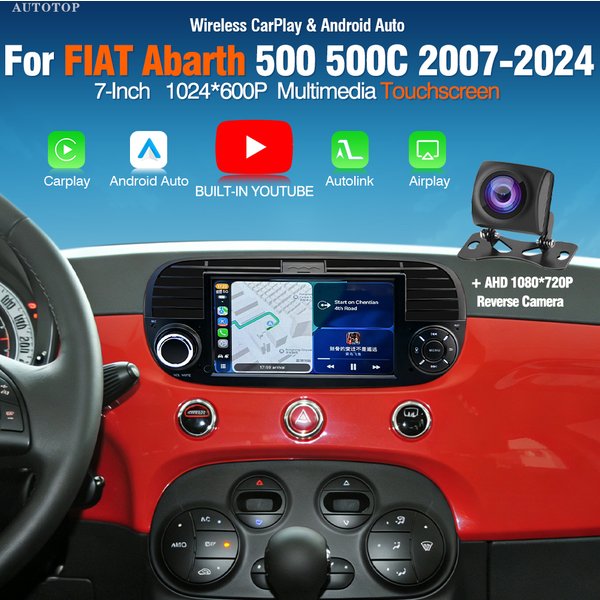 AUTOTOP 7" YouTube Wireless CarPlay Autoradio For FIAT Abarth 500 2007-2017,Android Auto multimadiea touch screen,Navi Rear Cam