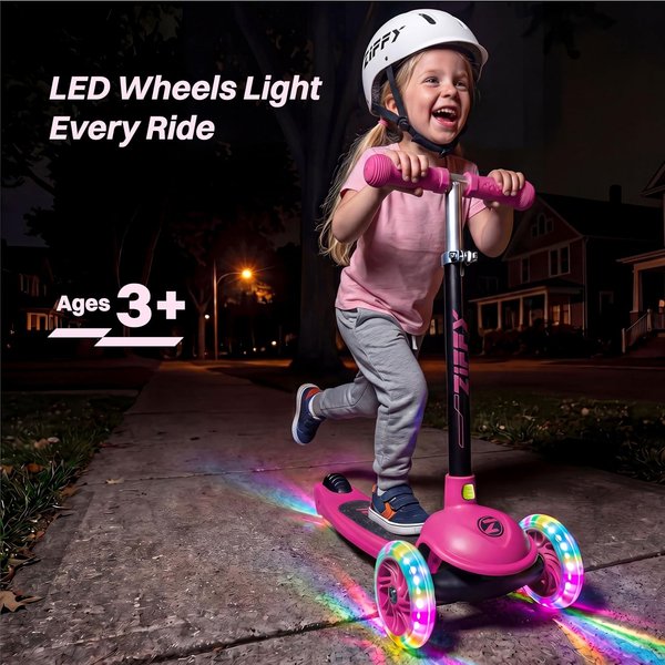JOYFY Mehrfarbiger 3-Rad-Roller für Kinder von 3-5 Jahren, Tretroller mit LED-Leuchträder für Jungen und Mädchen, 5-fach höhenverstellbar und Lean-to-Steer-Design, trägt bis zu 50 kg.