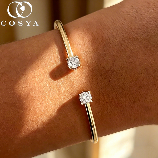 COSYA 1CT Round Cut Moissanite Open Bangles Bracelet for Women S925 Silver Plated 18K Gold 2 Stone Adjustable Fine Jewelry Gift