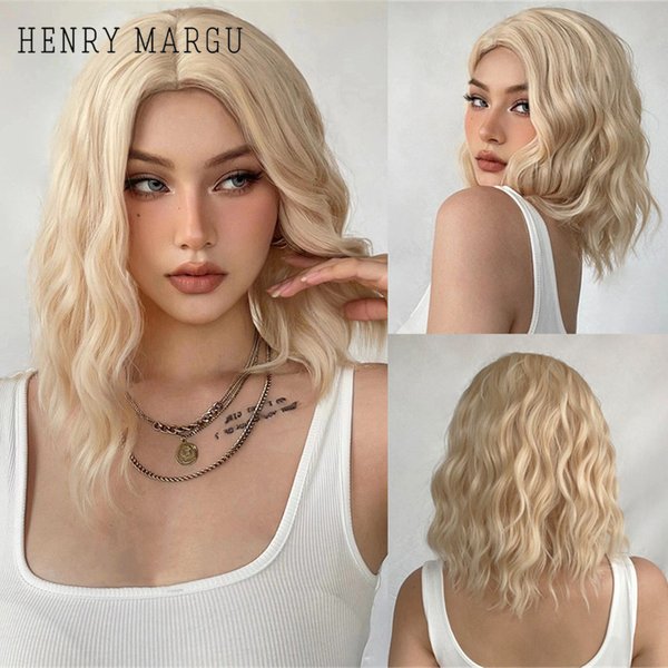 HENRY MARGU – perruque synthétique courte bouclée Blonde platine, cheveux Bob ondulés avec raie centrale, naissance des cheveux naturelle, résistante à la chaleur