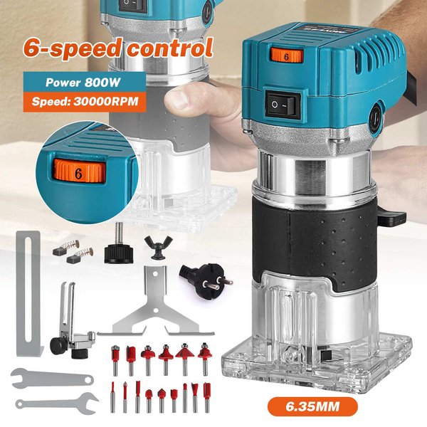 800W Holzfräse, Multifunktionaler Elektrischer Holzbearbeitungs-Trimmer, Tragbares Werkzeug zum Holzfräsen, Schnitzen, Abschrägen und Kantenbearbeitung