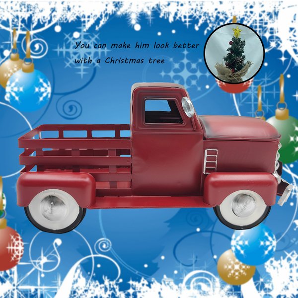Mini-arbre décoré, camion rouge vintage, artisanat de ferme, décoration de Noël rustique, modèle de pick-up en métal avec sapin de Noël et lumière