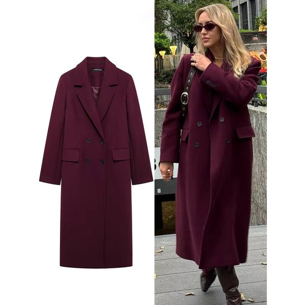 HH femmes mode bordeaux manteau Double boutonnage à manches longues revers mélanges veste automne hiver haute rue vêtements d'extérieur
