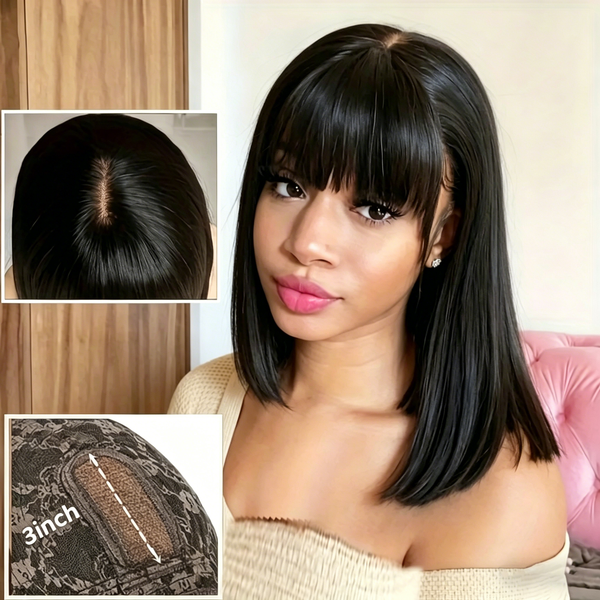Perruque indienne Remy en cheveux humains sans colle, couleur naturelle, coupe courte bob avec frange, perruque droite avec dentelle HD 3x1 pour femmes, prête à porter
