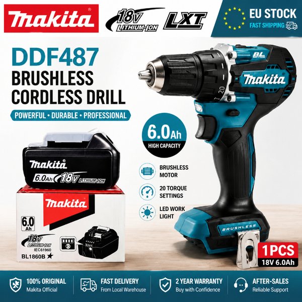 Original Makita 18V LXT Bürstenloser Akku-Bohrschrauber DDF487 10mm Hochdrehmoment-Elektroschrauber + BL1860B BL1840 Akkupack EU-Lager Schnelle Lieferung