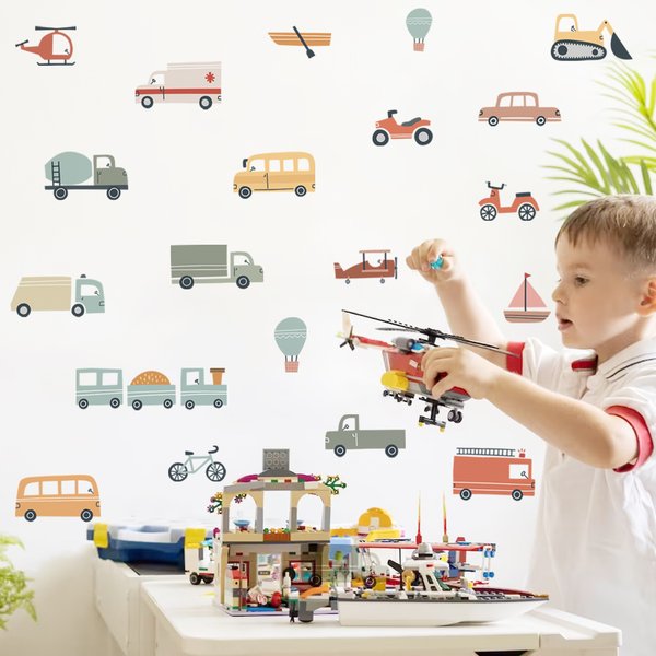 Hand Drawn Watercolor Cartoon Cute Vehicles Car Bus Wall Stickers for Kids Room Boys' Nursery Decoration Wall Decals