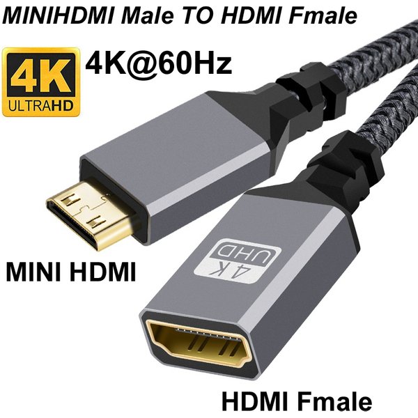 20CM Nylon Braid Gold HD 4K@60HZ V2.0 MINIHDMI MINI HDMI Male To HDMI Fmale Extension Cable For HDTV PS4 Projector HDTV Monitor