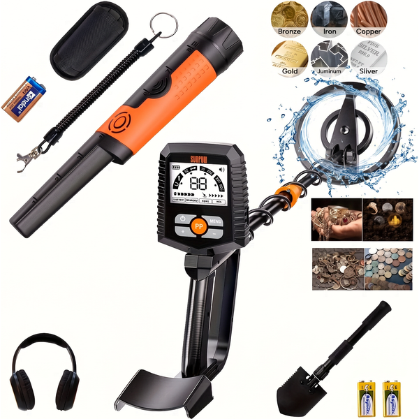 SUNPOW Professionelles unterirdisches Metalldetektor-Set für Erwachsene mit Pinpointer,20cm IP68 Spule,hohe Genauigkeit,leichtes LCD. Golddetektor für Schatzsuche, Münzen an Strand & Feld.