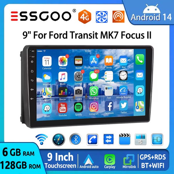 ESSGOO 9 "6 + 128GB 4G Android 14 Auto Stereo Radio Für Ford FOCUS MK2 Transit MK7 Kuga Carplay Android Auto GPS Navi Wifi AM RDS
